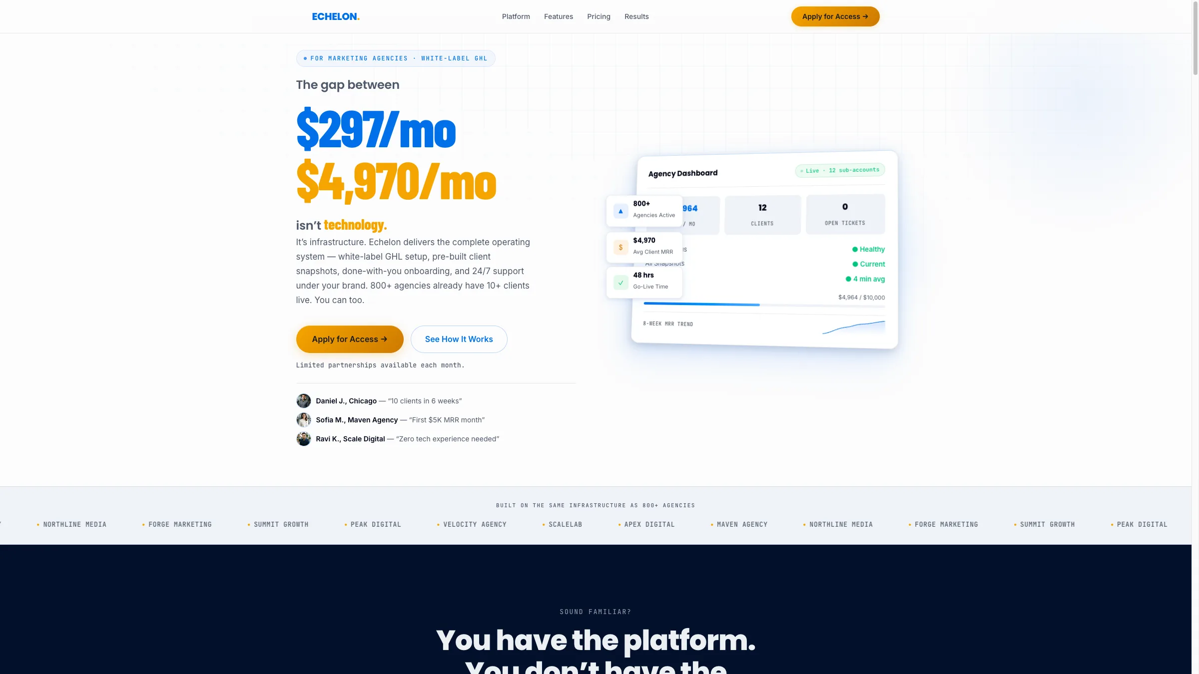 Echelon white-label agency platform homepage