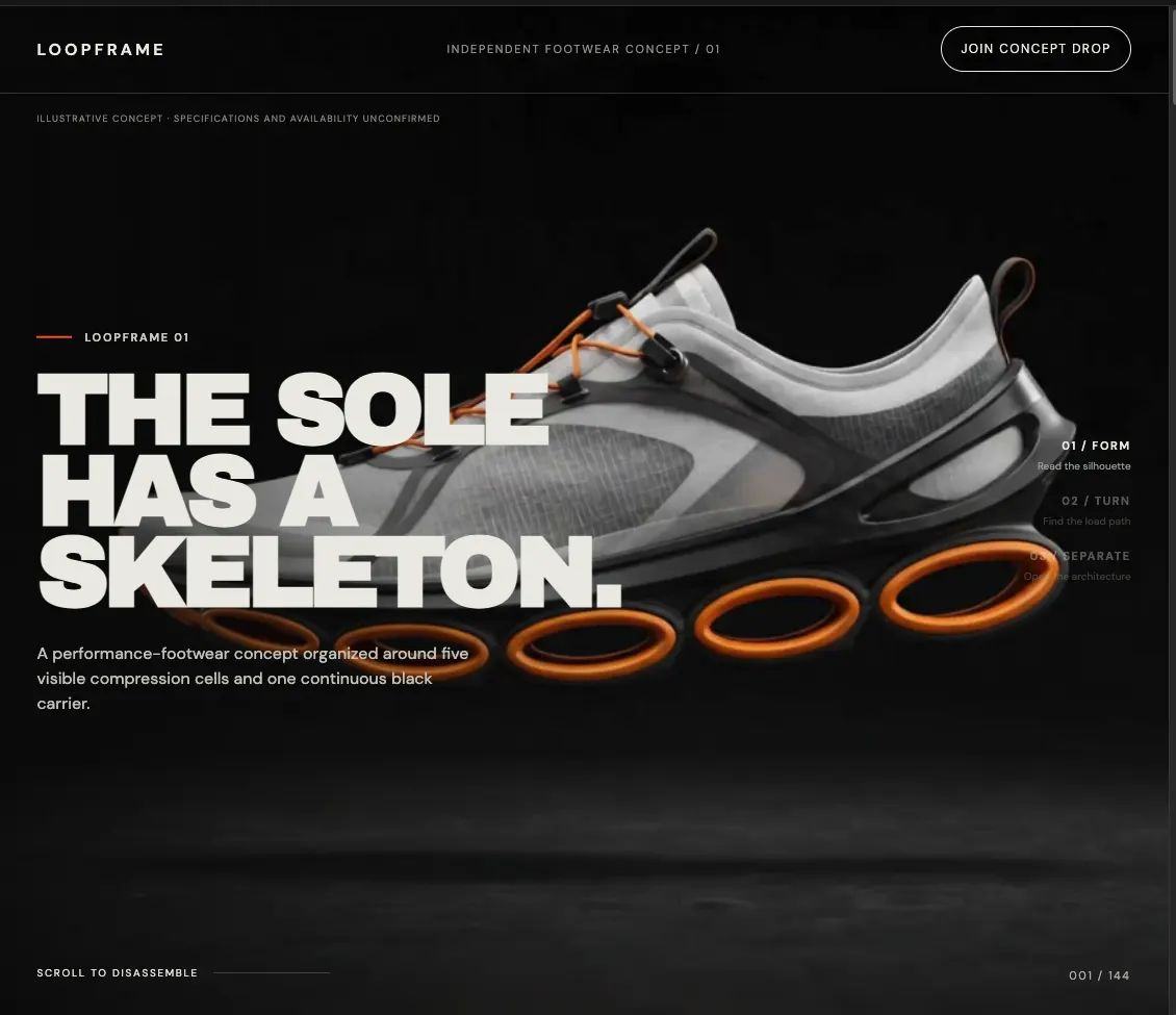 Rejected LOOPFRAME page with interface controls and text covering the shoe