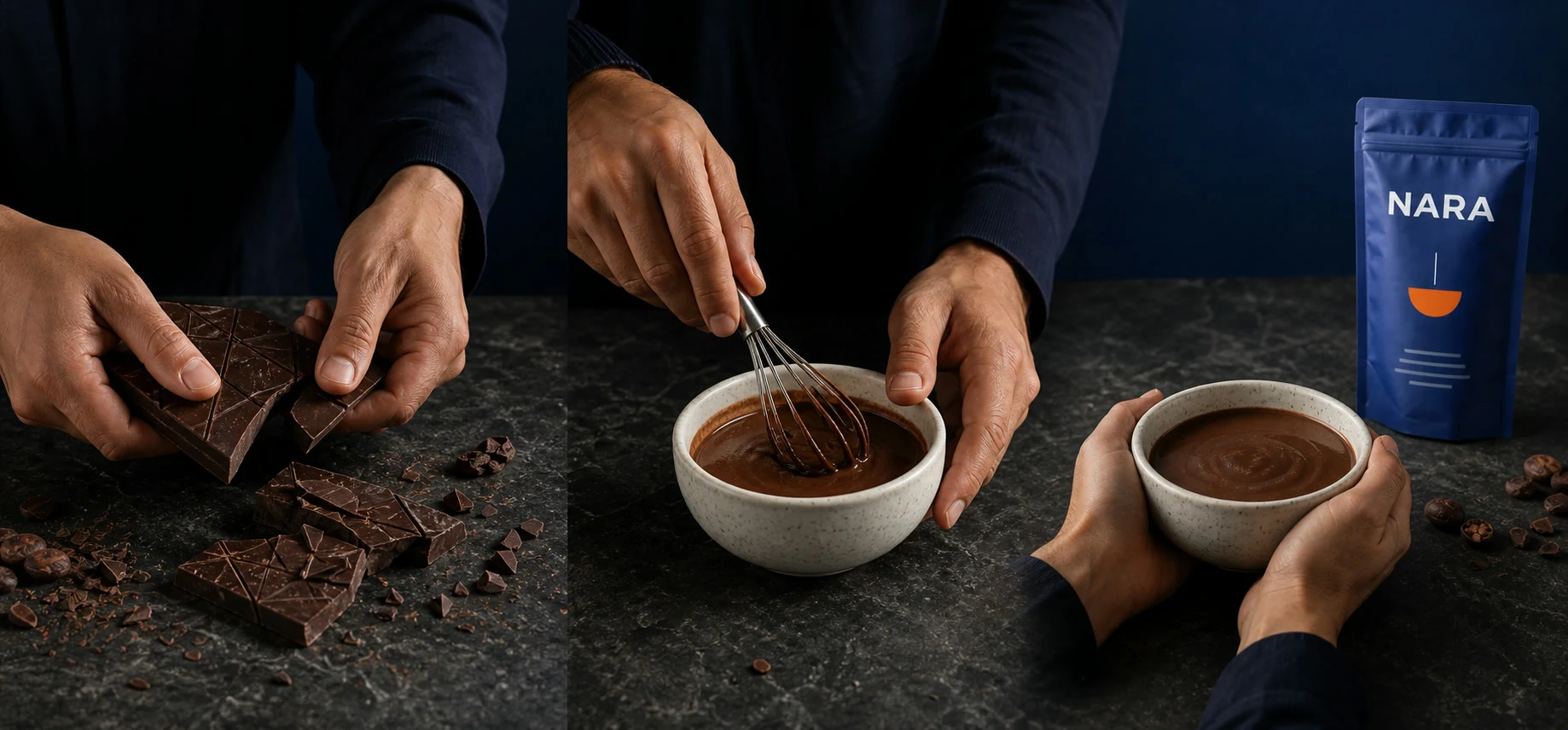 Hands breaking, whisking, and holding prepared cacao